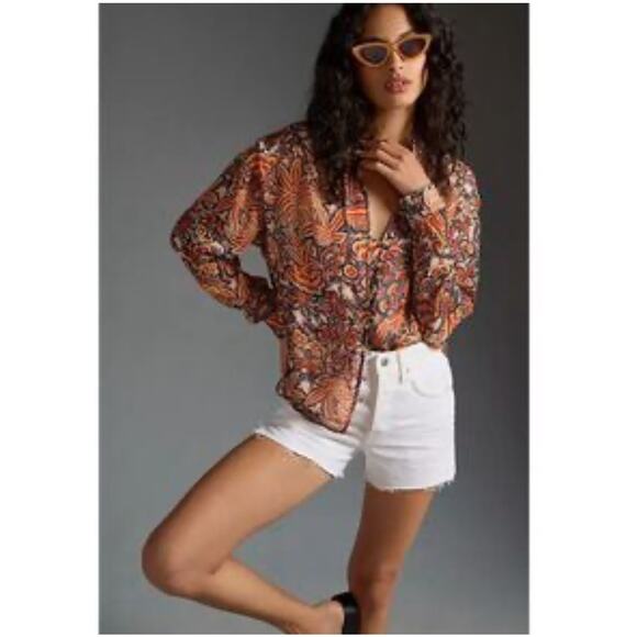 Pilcro Anthropologie Button Down Blouse Women’s XXS Bohemian Whimsical Orange - Picture 2 of 10